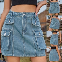 Fashion Side Patch Pockets Old-washed Denim Skirt