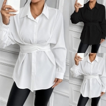 Fashion Stand Collar Long Sleeve Self-tie Waist Blouse