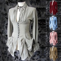 Vintage V-Neck Button Long Sleeve Ruffle Irregular Hemline Shirt