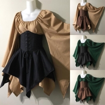 Vintage Medieval Inspired Women's Costume Dress with Front Lace-up and Irregular Hemline Dress
