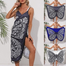 Bohemia Style Butterfly Printed Tassel Wrap Swimming Cover-up Dress