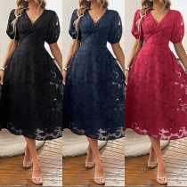 Elegant V-neck Short Sleeve High-rise Jacquard Lace Dress