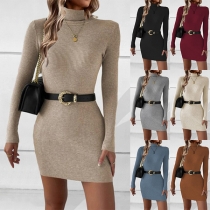 Fashion Turtleneck Long Sleeve Ribbed Bodycon Dress