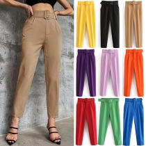 Fashion Solid Color High-rise Pants with Belt