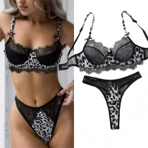 Sexy Lace Spliced Leopard Printed Two-piece Lingerie Set
