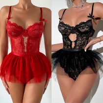 Sexy Heart-ring Front Cutout Tutu-hemline Lace Lingerie Bodysuit