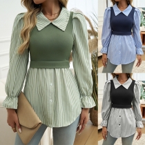Fashion Contrast Color Stripe Printed Stand Collar Long Sleeve Mock-two-piece Shirt