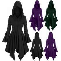 Gothic Punk Style Lotus Sleeves Hooded Asymmetrical Hem Jacket for Cosplay