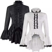 Vintage Lace Spliced Mock Neck Trumpt Long Sleeve High-low Jacquard Lace Shirt