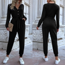 Fashion Button V-neck Long Sleeve Self-tie Waist Jumpsuit