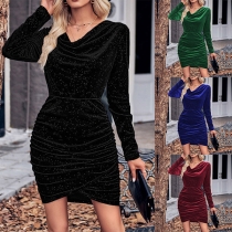 Fashion Bling-bling Draped Neck Long Sleeve Irregular Hemline Bodycon Dress