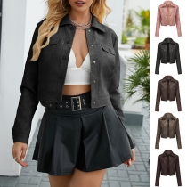 Fashion Stand Collar Long Sleeve Crop Artificial Leather PU Jacket