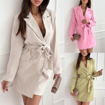 Fashion Notch Lapel Long Sleeve Double-breasted Suit Dress