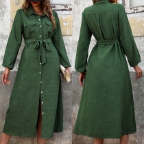 Comfy Solid Color Stand Collar Long Sleeve Patch Pockets Front Button Midi Shirt Dress