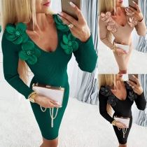 Fashion 3D Floral Decoration V-neck Long Sleeve Ribbed Bodycon Dress
