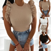 Fashion Ruffle Lace Spliced  Sleeveless Crew Neck Ribbed Shirt