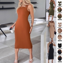 Fashion Solid Color Crew Neck Sleeveless Ribbed Dress with Built-in Bra
