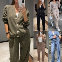 Fashion Solid Color Two-piece Set Consist of Cardigan and Straight-cut Pants