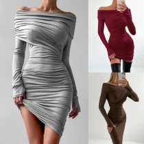 Sexy Solid Color Off-the-shoulder Ruched Bodycon Dress
