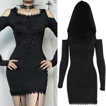 Vintage Lace Spliced Square Neck Open-shoulder Hooded Dress