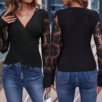 Fashion Floral Embroidery V-neck Ribbed Shirt