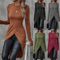 Fashion Solid Color Crew Neck Long Sleeve Front Slit Longline Shirt