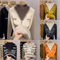Fashion Contrast Color Crew Neck Long Sleeve Warm Plush Lined Mock-two-piece Shirt
