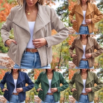 Casual Lapel Collar Long Sleeve Slant Zipper Suede Jacket for Women