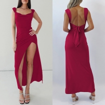 Sexy Draped Square Neck High Side Slit Self-tie Backless Bodycon Dress