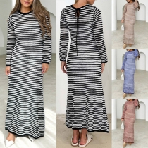 Fashion Contrast Color Stripe Printed Crew Neck Long Sleeve Knitted Maxi Dress