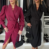 Fashion Lapel Long Sleeve Self-tie Slit Dress