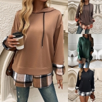 Fashion Drawstring Hooded Long Sleeve Plaid Spliced Mock-two-piece Sweatshirt