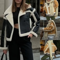 Fashion Plush Lined Notch Lapel Long Sleeve Crop Jacket