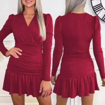 Fashion V-neck Puff Long Sleeve Ruffle Hemline Bodycon Dress