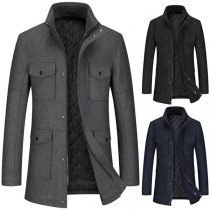Fashion Warm Lined Stand Collar Long Sleeve Patch Pockets Duffle Coat for Men