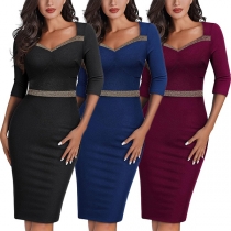 Elegant Contrast Color Printed V-neck Elbow Sleeve Bodycon Dress