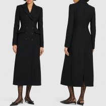 Elegant Notch Lapel Long Sleeve Double Breated Longline Duffle Jacket for Women