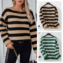 Fashion Contrast Color Stripe Crew Neck Long Sleeve Knitted Sweater