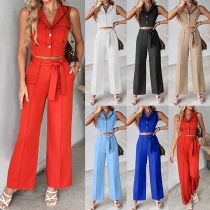 Fashion Two-piece Set Consist of Sleeveless Crop Top and Straight-cut Pants