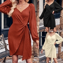 Elegant Texture V-neck Long Sleeve Wrap Dress