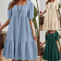 Comfy Square Neck Short Sleeve Cotton and Linen Mini Dress