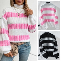 Fashion Contrast Color Mock Neck Lantern Long Sleeve Knitted Sweater