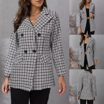 Vintage Houndstooth Print Notch Lapel Long Sleeve Double-breasted Blazer