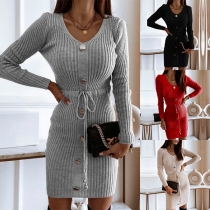 Fashion Button V-neck Long Sleeve Drawstring Waist Ribbed Dress