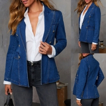 Fashion Notch Lapel Long Sleeve Double-breasted Old-washed Denim Jacket