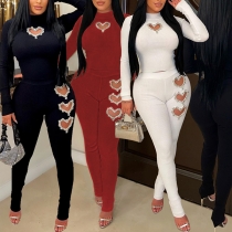Fashion Rhinestone Heart Cutout Ribbed Two-piece Set