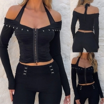 Fashion Halter Neck Long Sleeve Front Buckle Shirt