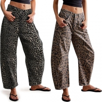 Fashion Mid-rise Leopard Print Straight-cut Denim Jeans