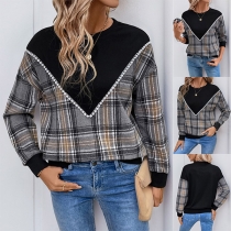 Fashion Plaid Spliced Crew Neck Long Sleeve Sweatshirt