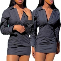 Fashion Stand Collar V-neck Long Sleeve Bodycon Dress